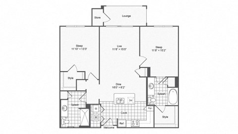 Floor plan for 2 beds, 2 baths, 1047 sqft
